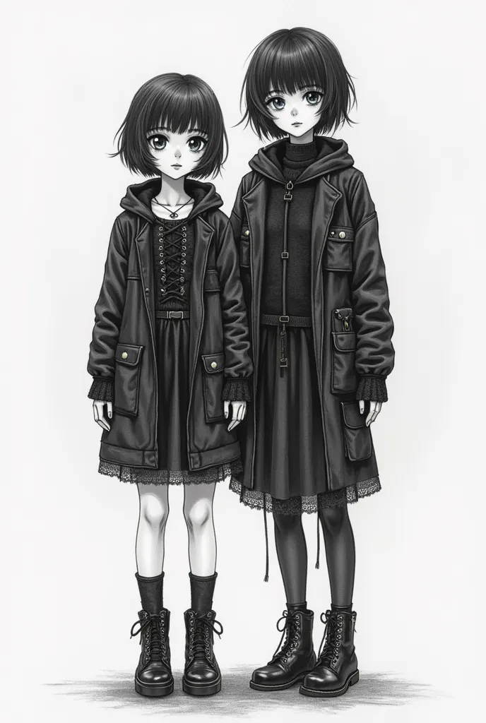  Black and white,Draw a drawing made with pencils, just like the designer, Do me(I have short hair)And my friend Nana (has short black hair) I'm short and she's a bit tall(We are goth 