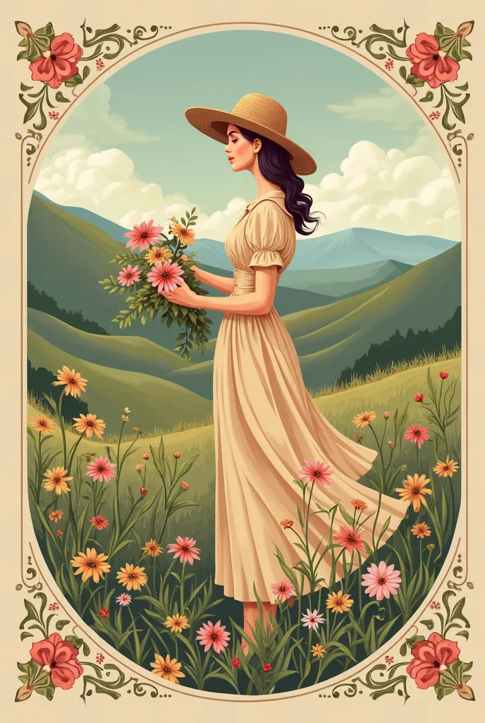 Create a vintage Clipart of a white woman wearing a vintage long dress and a vintage hat picking flowers