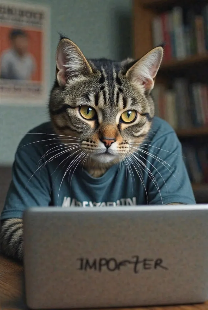 Capture an incredibly detailed close-up photograph of a grey tabby cat , Written   IMPORTER infront of his tshirt. He is bussy to work with his laptop. Background showed a poster written www.paikareebazaaar.com.  The image should possess hyper-realistic qu...