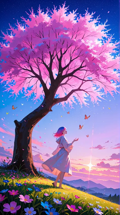 \(student, , ＪＫ, long hair,  colorful eyes, pale skin，)  look up at the sky), ( lots of butterflies flying in the sky), beautiful sky from the light source, summer， colorful flowers blooming everywhere 々, Mysterious and dreamy ,Big Tree，quality\(8k,CG wall...