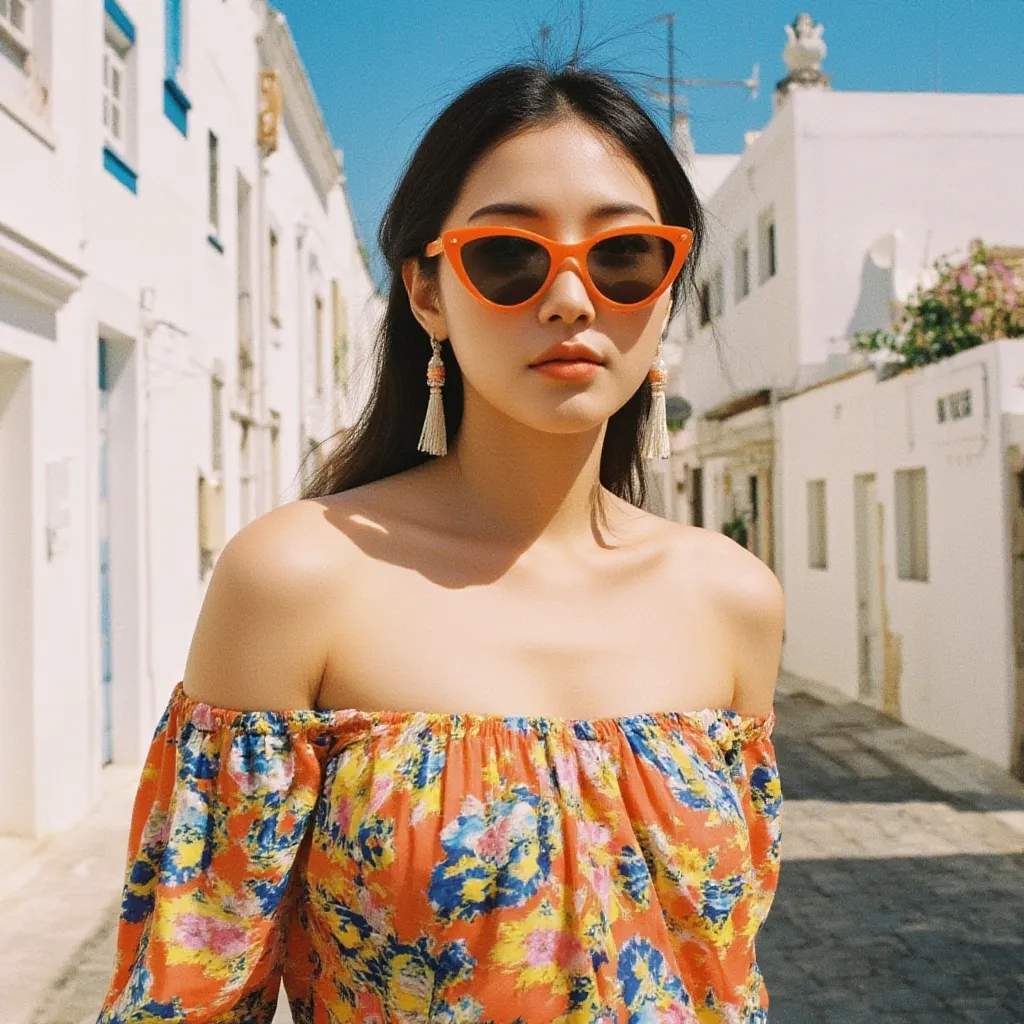 8k, masterpiece, highest quality, Vibrant, colorful, summer, Mediterranean street backdrop, orange cat-eye sunglasses, multicolored flowing dress, off-shoulder sleeves, tasseled earrings, bright blue sky, white buildings, high contrast, saturated colors, f...