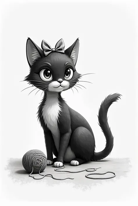 draw a picture of a cat with a ribbon on its head ,  has a ball of yarn on the floor、it must be a cute picture without too much detail,  the cat has beautiful eyes、The black and white picture、a ball of yarn on the floor、it must be a cute picture without to...