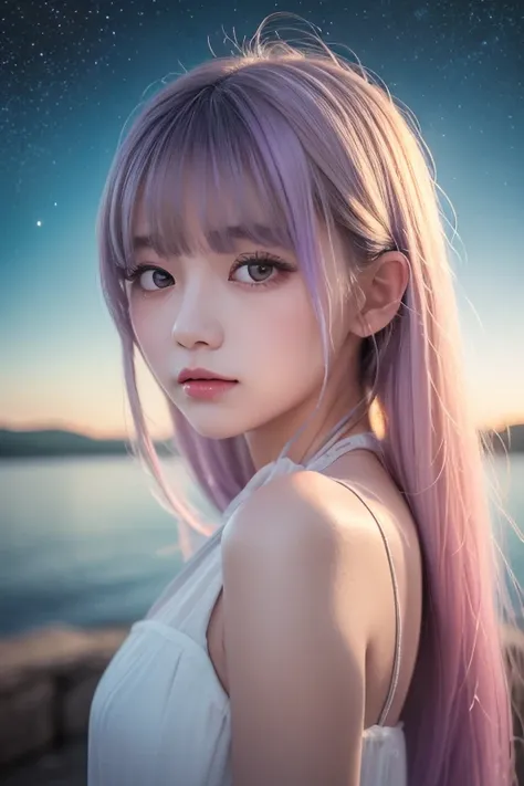 ((Masterpiece, best quality )),(Negative Space :1.4),( 1 girl, Alone:1.4),  beautiful eyes in every detail  , Floating Pastel Pink and Lavender Hair,  lavender eyes , At night, Starry Sky, Shining Star