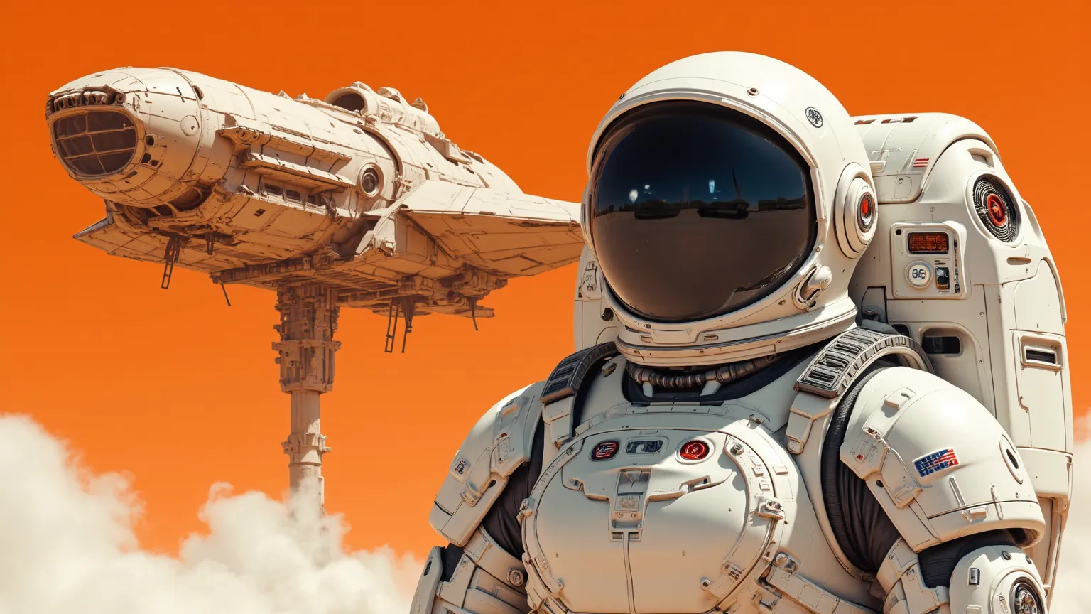 arafed image of a white woman in a futuristic suit with a spaceship in the background, movie art, in front of an orange background, inspired by Robert McGinnis, female protagonist, megastructure in the background, portrait of an ai astronaut, astronauts, a...