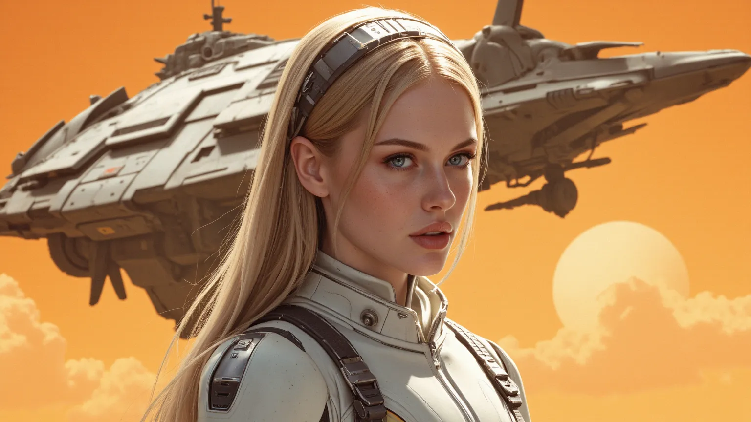 arafed image of a white woman in a futuristic suit with a spaceship in the background, movie art, in front of an orange background, inspired by Robert McGinnis, female protagonist, megastructure in the background, portrait of an ai astronaut, astronauts, a...