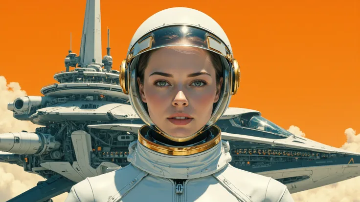 arafed image of a white woman in a futuristic suit with a spaceship in the background, movie art, in front of an orange background, inspired by Robert McGinnis, female protagonist, megastructure in the background, portrait of an ai astronaut, astronauts, a...