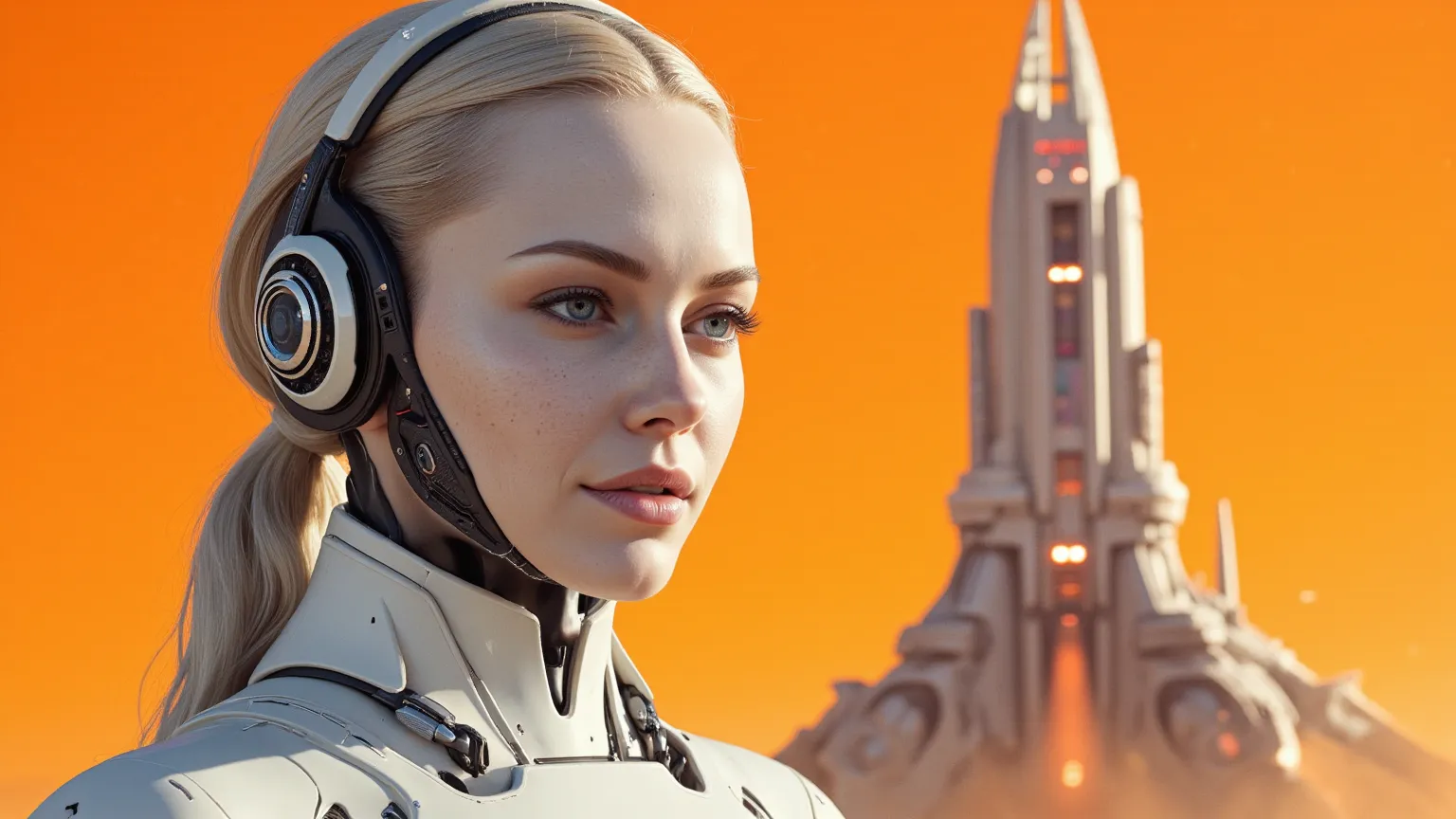 arafed image of a white woman in a futuristic suit with a spaceship in the background, movie art, in front of an orange background, inspired by Robert McGinnis, female protagonist, megastructure in the background, portrait of an ai astronaut, astronauts, a...