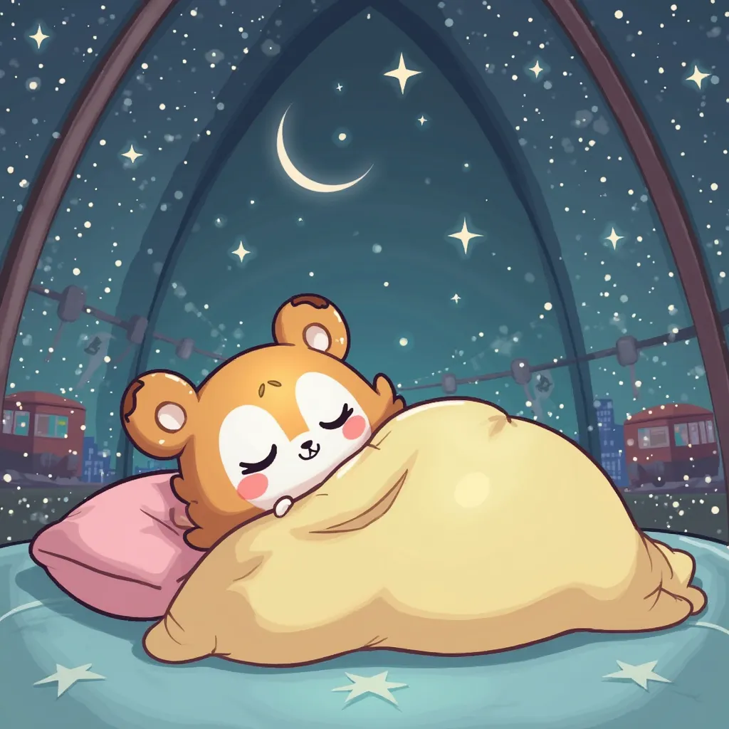 game《 Starry Dome Railroad 》Cartoon illustration of Kafka, the character in，lying on the bed，Cartoon image of Kafka, the character in Cute Squinting and Taking a Nap