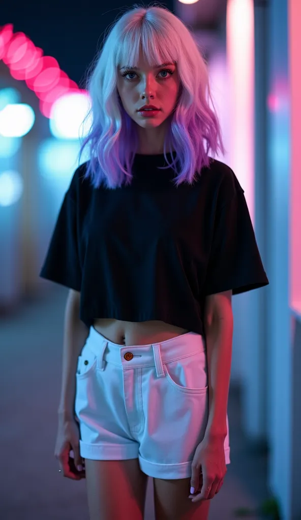 1 Girl, white hair，purple hair， Two-tone hair， black t shirt ， white mini hot pants， watching the audience， Atmospheric distance, out of frame, Split Lens, 