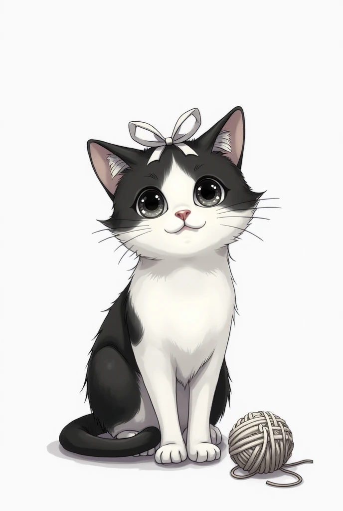 draw a picture of a cat with a ribbon on its head ,  has a ball of yarn on the floor、it must be a cute picture without too much detail,  the cat has beautiful eyes、The black and white picture、a ball of yarn on the floor、it must be a cute picture without to...