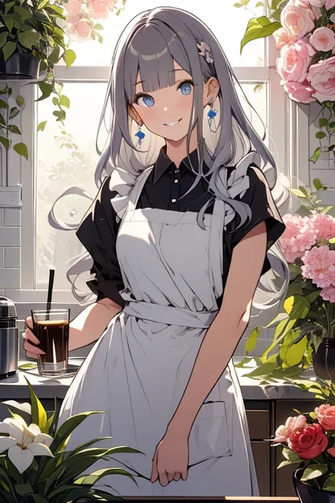 (from below:1.1),((1girl, silver hair, long hair, qutel blue eyes, beautiful eyes, pretty smile:1.5, ), coloring watercolor digital pencil ,Cherry blossoms falling,an animated painting of a woman in an apron standing at a coffee maker, 1girl, brown hair, s...