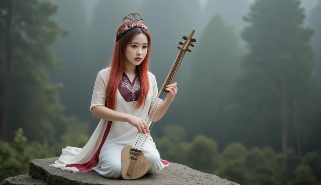 "A portrait of a young woman with red hair in traditional Chinese clothing, playing a Pipa instrument, sitting on a rock, with a misty forest in the background, soft and natural lighting, focus on the woman's face and the details of the instrument." Big Ti...