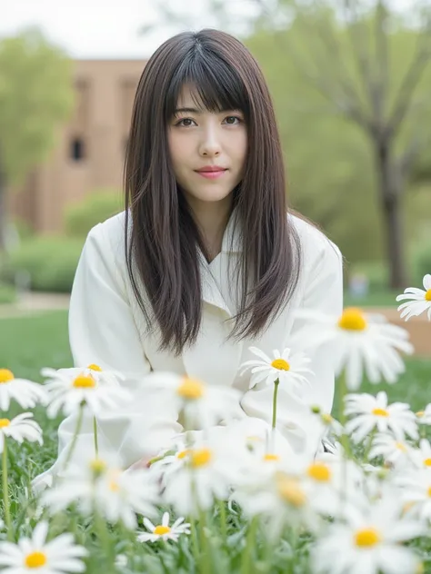 The image is、This is a portrait of a young woman named Hamabe with half-long dark brown hair and bangs。.  She was wearing a white coat .  The woman is staring at the camera , sitting on a park bench. In front of her, There are lots of white daisies .  back...