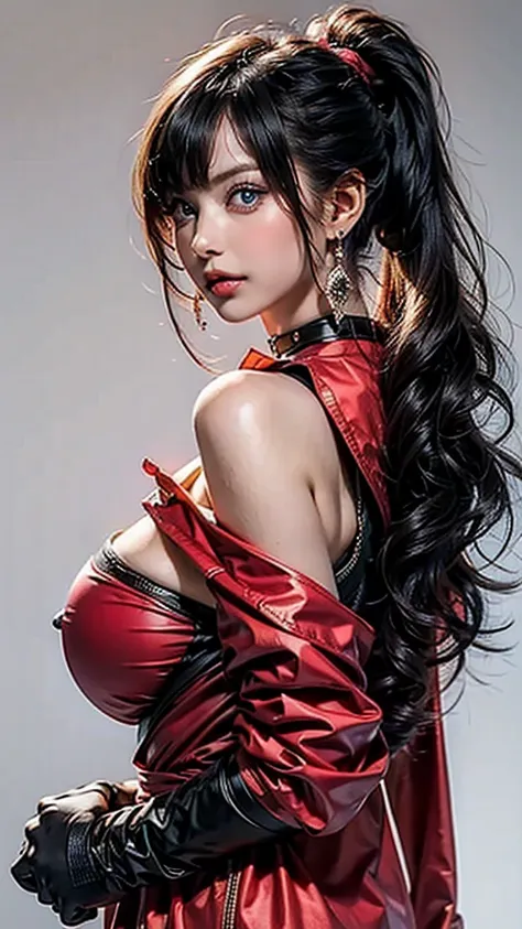 ((beautiful face:1.2)), (Purelos Face_v1: 1.0), upper body,((white simple background)),1 person, return,((Natural huge breasts:1.2)), (beautiful Japanese women),bangs, Expose your shoulders, black gloves, Blue Eyes, braiding, choker, earrings, fingerless g...