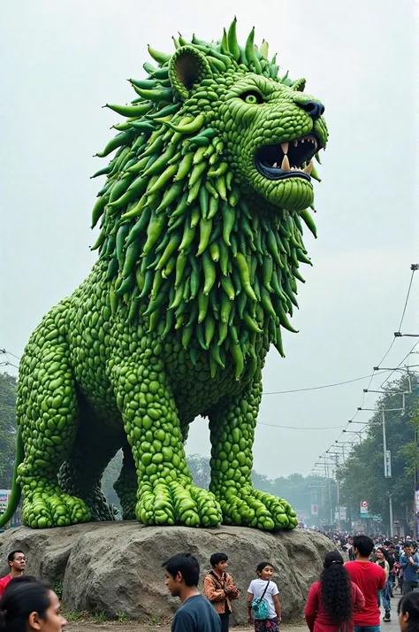 A big lion is making out of green chilli stand on biggest rock in road side people are watching 