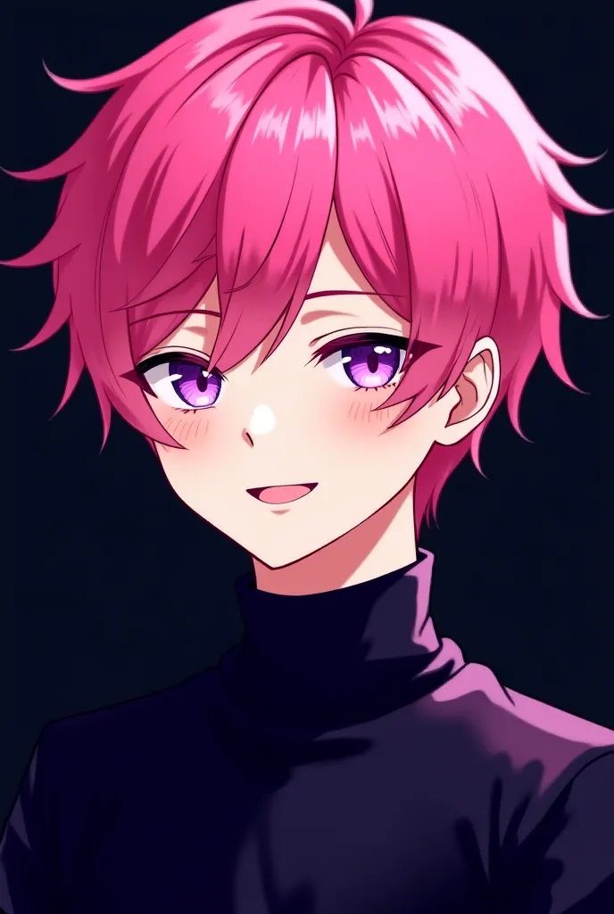 Anime, pink hair, purple eyes, short hair, male, about 21 years old, wearing black clothes, smiling face, black background.