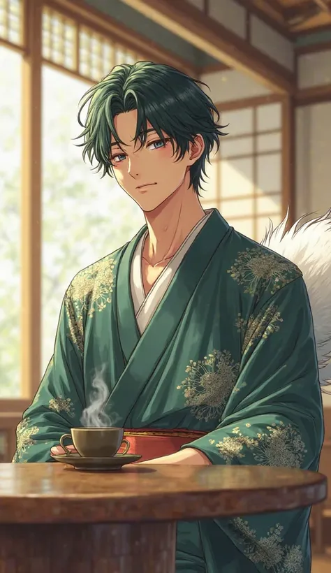 An adult male with a Samoyed tail、My hair is dark green 、Anime-style images、ratio of 7 gentleness and 3 masculinity、 kimono、Calm Japanese cafe atmosphere during the day、is smiling