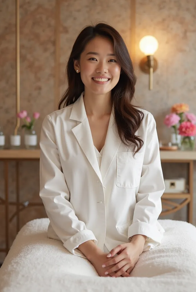 Elegant Sesté Salon treatment room、An esthetician in a white coat greets you with a smile