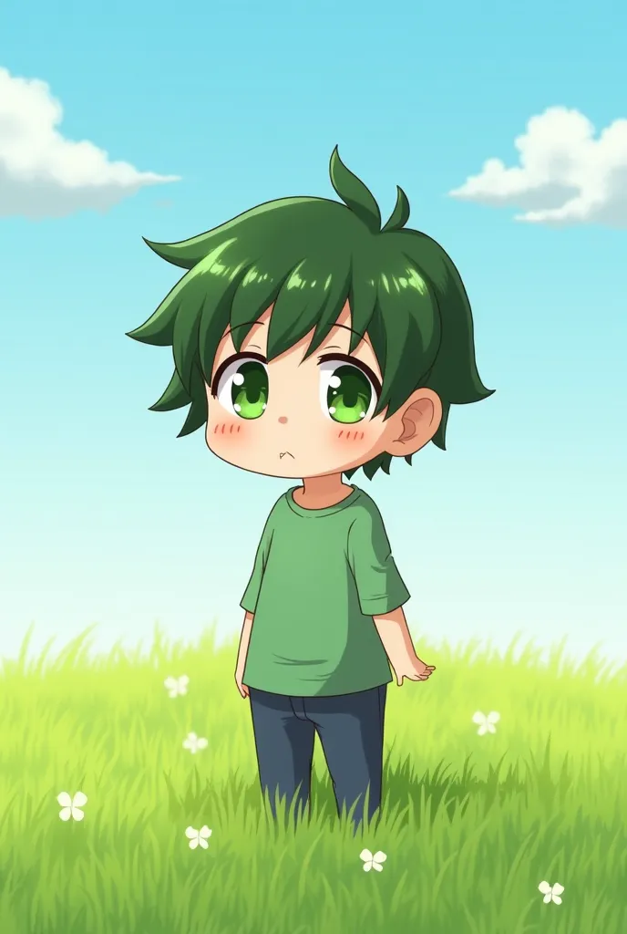 anime boy with green eyes and a green shirt standing in a field, an anime drawing inspired by Puru, pixiv contest winner, mingei, stylized anime, anime stylized, holding a pudica pose, advanced digital chibi art, clean artstyle, chibi, cute character, in a...