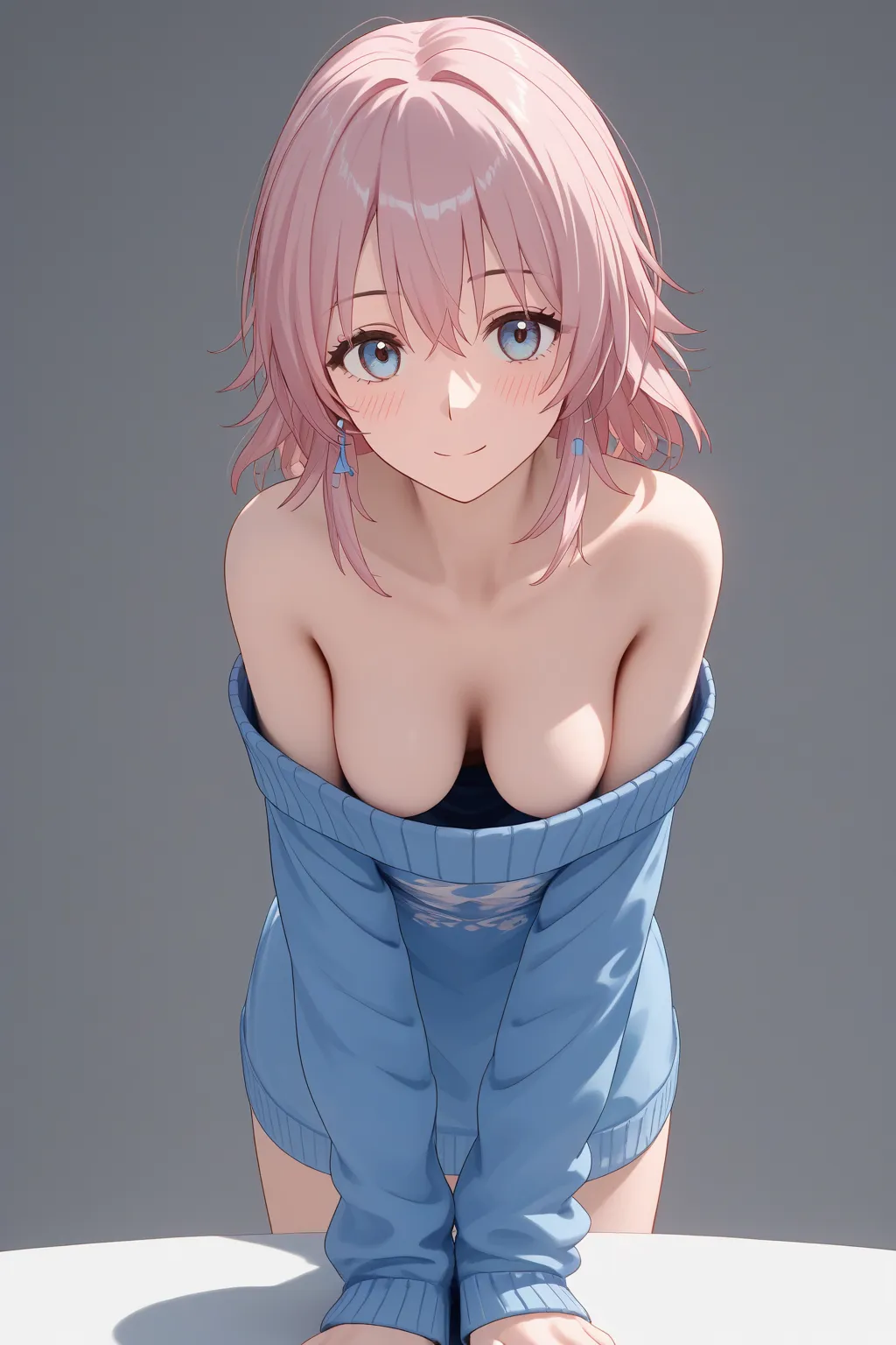 solo, 1girl, march7th,pink hair,medium hair,(bangs),jewelry
, (off-shoulder knit sweater),(downblouse)
BREAK
25 years old woman,medium breasts, slender body ,(oblong face, mature female),large eyes, (almond eyes),(dancing:1.2), blush,smile, leaning forward...