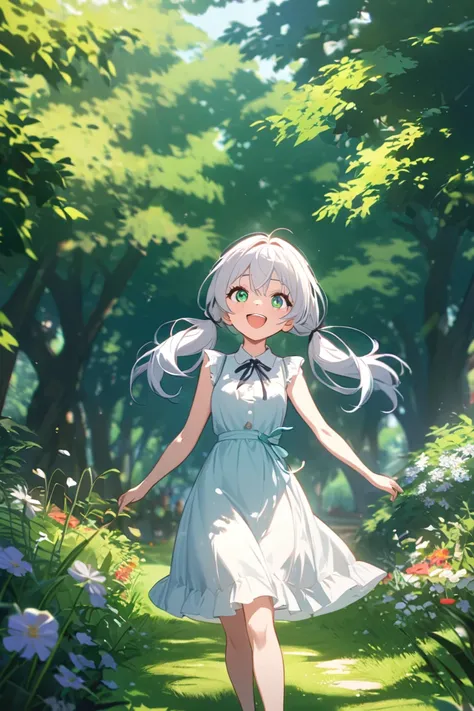 Best Quality,Girl ,big eyes, white hair ,twin tails,Laughing happily in the park