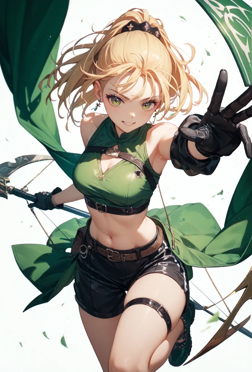 anime girl with a sword in green clothes and black gloves, Villain Anime Girl, FEMALE ACTION ANIME GIRLS,  very detailed artgerm , Female Anime Character, Portrait of a Female Anime Hero ,  The Blonde Emerald Warrior who has become a new demon , Anime girl...