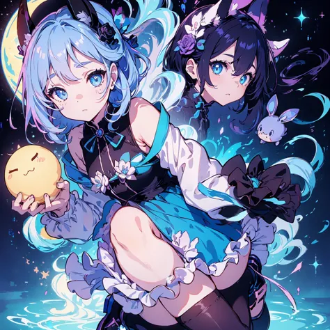 beauty、cyan and purple gradient background、 black clothes 、 pretty face、baby face、((( detailed eyes 、 droopy eyes )))、  long sleeve with flared cuffs  、 Shoulder-Out、 one-piece flared skirt 、 holding a stuffed rabbit in one hand、black and light blue socks ...