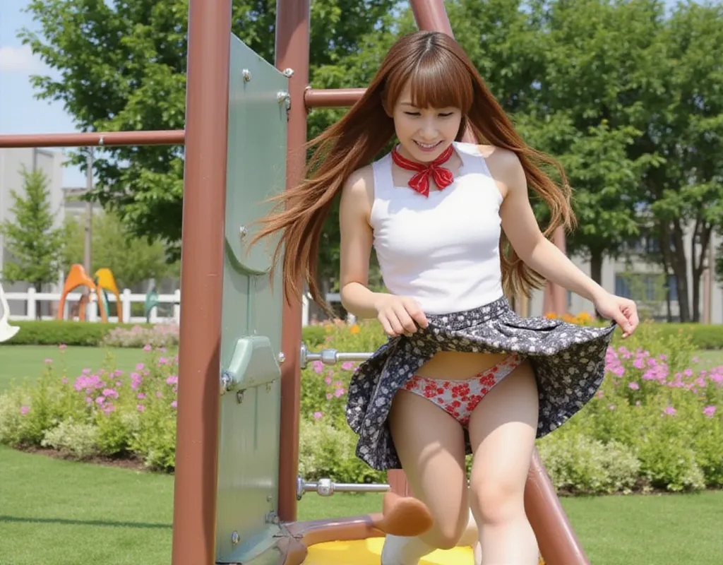 Gliding on a slide、very detailed、20 years old、（Under the skirt）、（（ponytail））、very detailed、20 years old、Japanese女性。garden、smile、full body shot、Normal Breast、full body shot、Cowboy Shots、Japanese、full body shot、full body shot、Random Outfits、full body shot、子供...