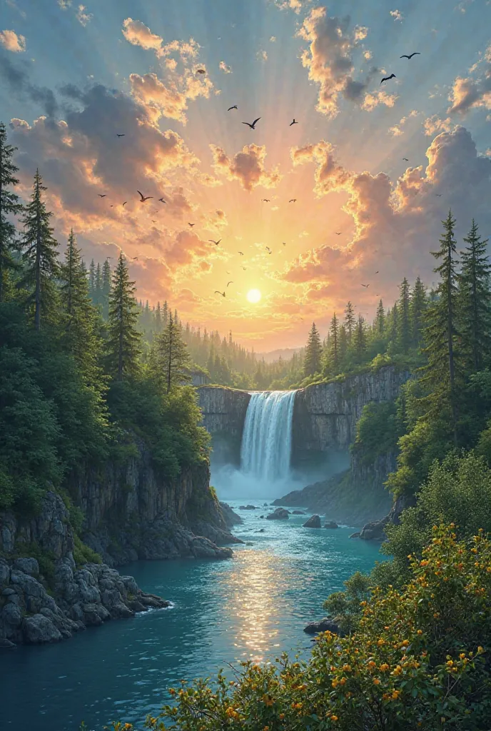 Imagine sun rises behind the thousands of trees and waterfall in the blue water lack behind the scenic road with awesome spring weather where birds are flying happily on cloudy blue sky and Green, wine-filled valleys