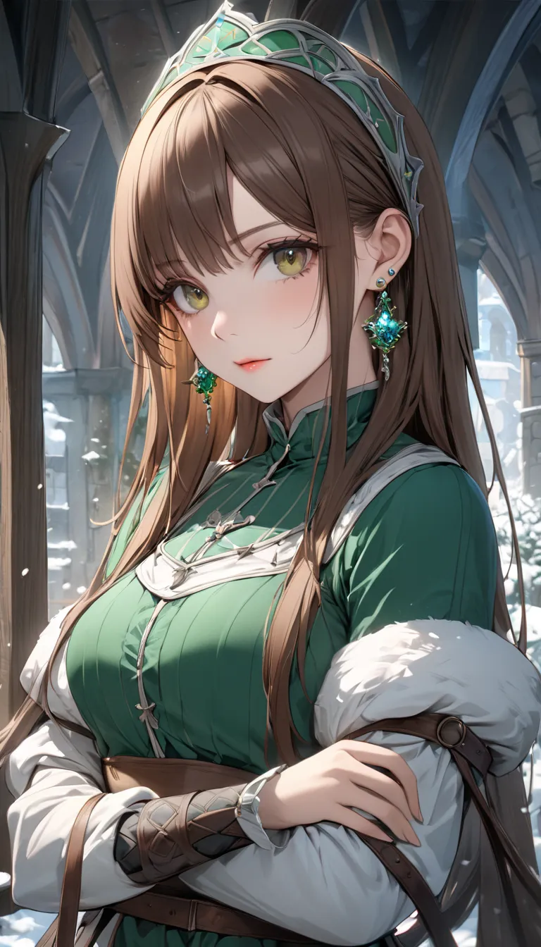 Ultra detailed, highres, absurdres, HDR, master piece, a beautiful woman, servant, noblitiy, medieval , long brown hair, greeb eyes. Fair skin. earring. Fansty. Solo. Cold colors. 