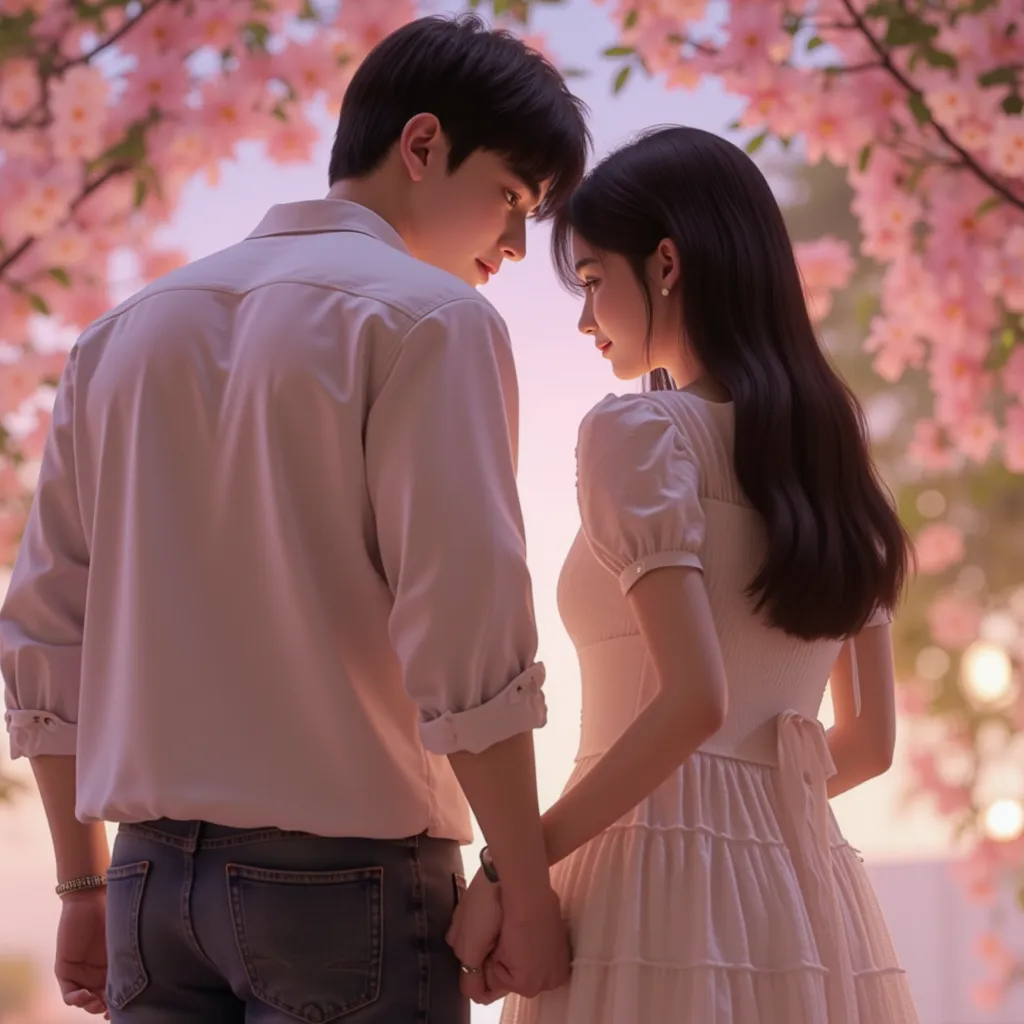 Back view of a man in his 20s 、Holding hands with a woman with her hands extended back