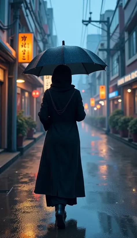   A woman in a hijab, wearing a long black coat, walks alone with an umbrella. Her face is covered with a veil, but her eyes reflect deep sadness. Very detailed digital painting. Semi-realistic with anime inspired visual elements. Clean lines, bright color...