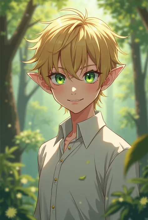 anime boy with green eyes and a white shirt in a forest, a character portrait inspired by Bian Shoumin, pixiv, shin hanga, a portrait of a male elf, a portrait of an elf, beautiful male elf, delicate androgynous prince, portrait of an elf, a male elf, port...