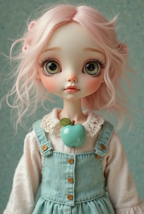 A puppet girl with big eyes and a turquoise. on his chest, color finds an apple brooch her hair is pale pink and she wears a jumper dress