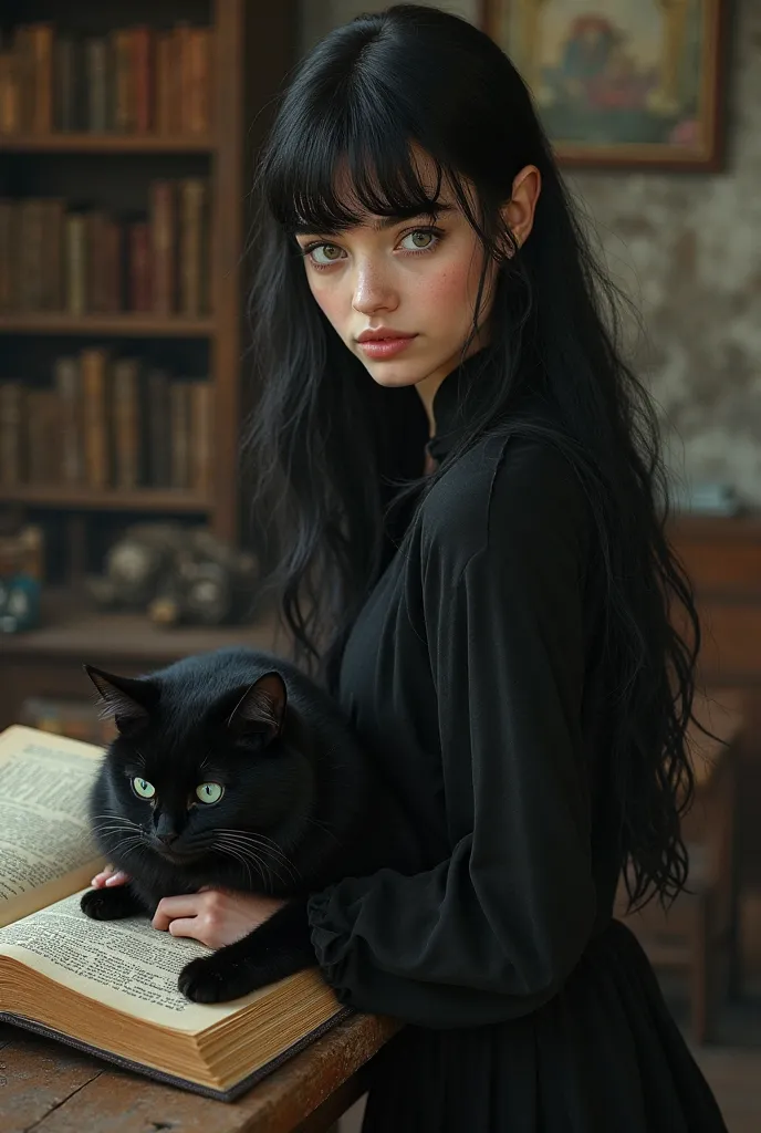 (Ultra-fine face, Look away), Realism, ((A daughter of Severus Snape: (European girl, black hair, green eyes))She turned her back on, An open magic book lies on the table in her magic laboratory, Holding a black cat in both hands), (Young dark elf cute wom...