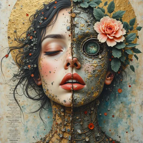 Embodying the clash of nature and mechanized decay, a mixed-media artwork on Torn newspaper pulp with rich gold leaf details immediately presents a split female visage: one half forged from corroded metal elements, scattered bolts, and fractured industrial...