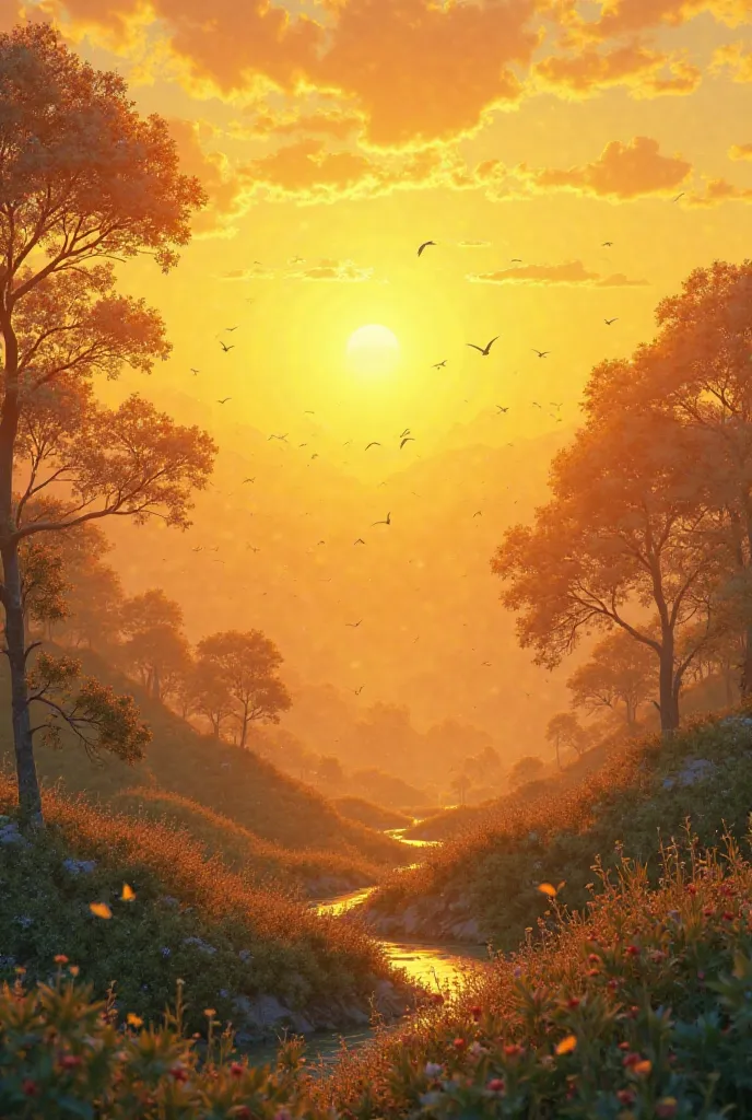 A stunning ultra-high-resolution illustration depicting the serene atmosphere of dawn, where the warm and vibrant yellow hues of the rising sun cast a soft glow over the scene, with soft and delicate shadows dancing across the landscape, evoking a sense of...