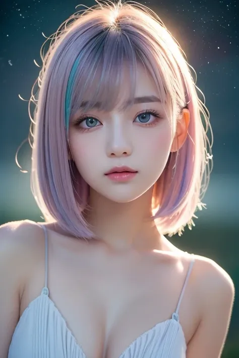 ((Masterpiece, best quality )),(Negative Space :1.4),( 1 girl, Alone:1.4),  beautiful eyes in every detail  , Floating Pastel Pink and Lavender Hair,  lavender eyes , At night, Starry Sky, Shining Star