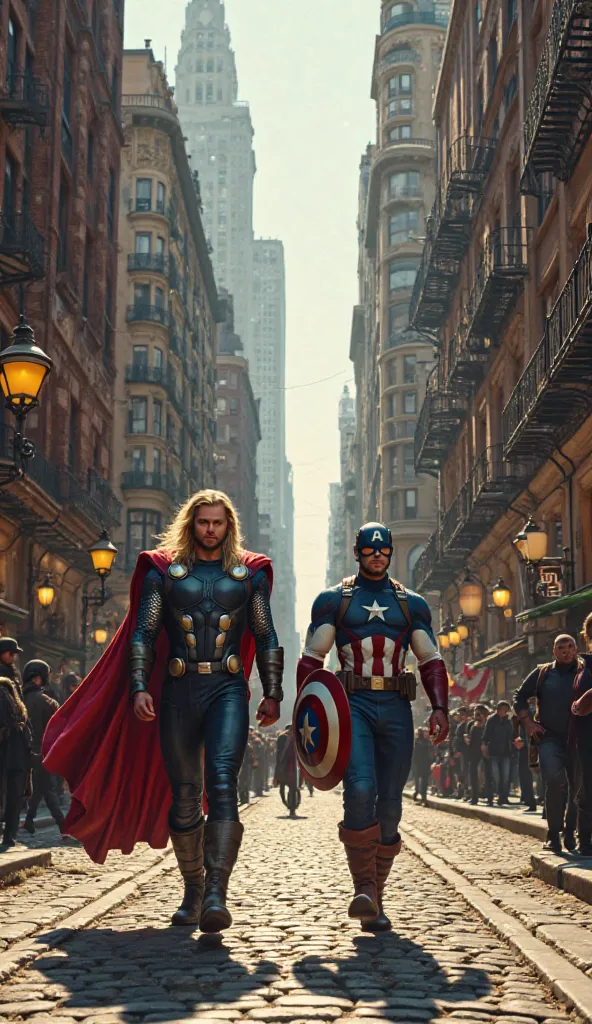 Thor and Captain America walking in the old city of new York 