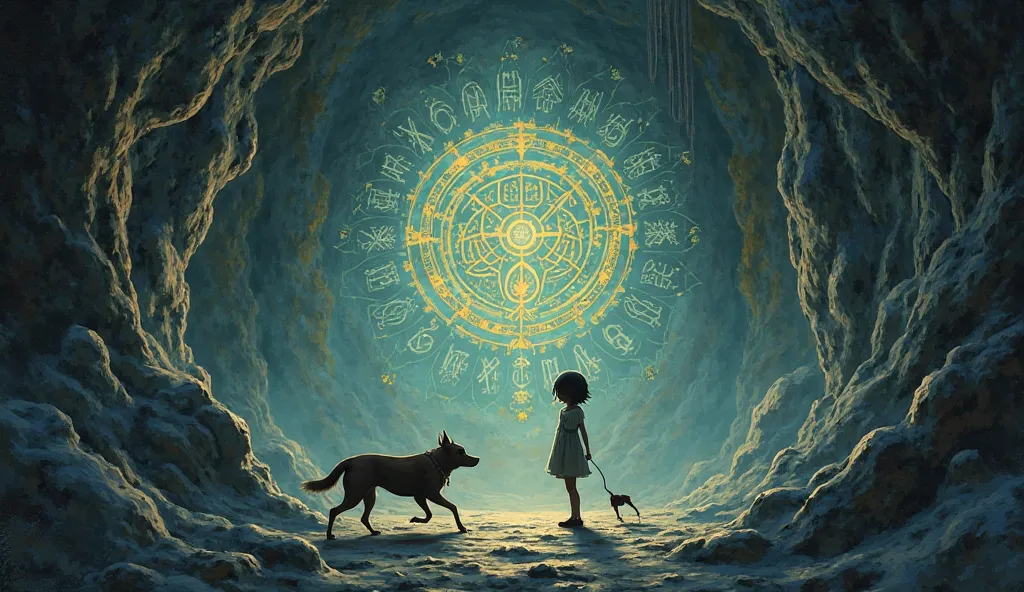 A GIRL IS WALKING WITH A DOG IN A CAVE SURROUNDED BY STRANGE SYMBOLS