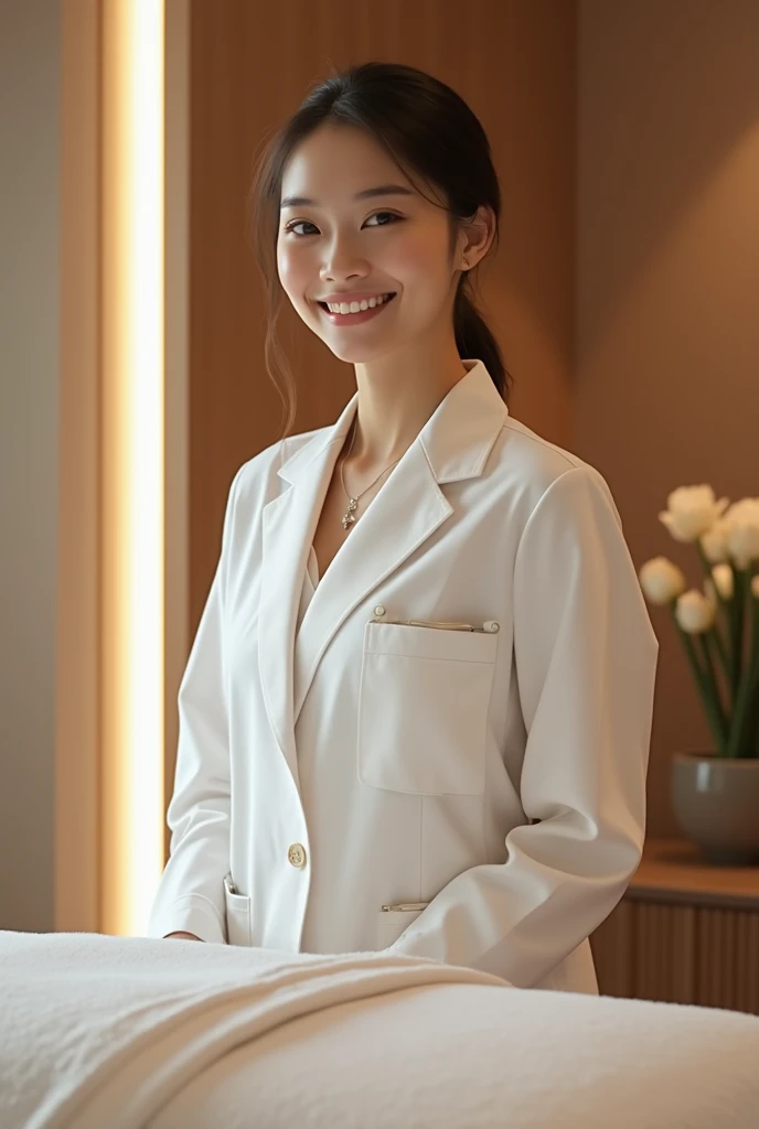 Elegant Sesté Salon treatment room、A Japanese esthetician in a white coat is standing next to the treatment table、 greets you with a smile 、realism、Best Quality、Exquisite