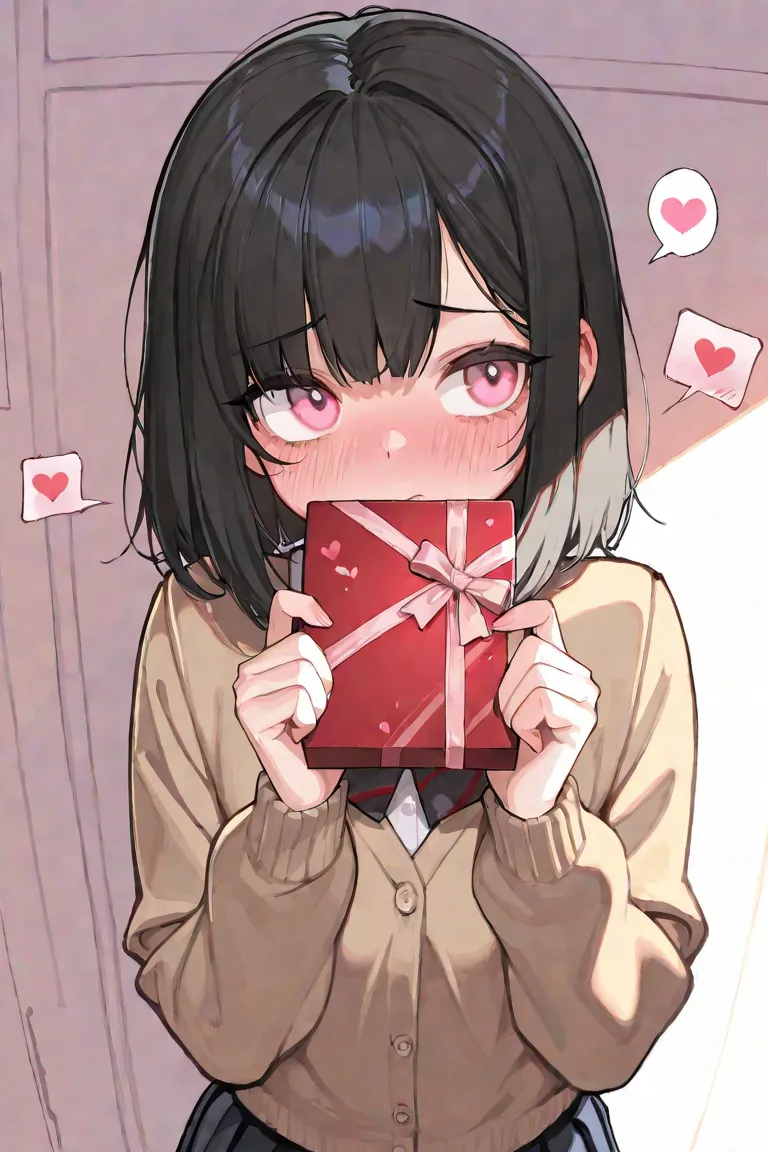 masterpiece, best quality, insanely detailed, exquisite, beautiful, looking at viewer, 1 girl, valentine, shy, school uniform, look away, sulky face, blushing, spoken ///, spoken heart, Handing over Valentine's chocolates, black hair, pink eye, cute face, ...