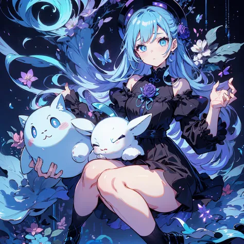 beauty、cyan and purple gradient background、 black clothes 、 pretty face、baby face、((( detailed eyes 、 droopy eyes )))、  long sleeve with flared cuffs  、 Shoulder-Out、 one-piece flared skirt 、 holding a stuffed rabbit in one hand、black and light blue socks ...