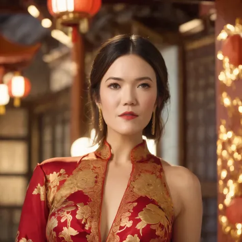 best quality, highres, 8k, masterpiece, photography, detailed midbody photorealistic portrait. Mandy Moore is seen in Chinatown, wearing an elegant red and gold qipao-inspired lace lingerie set, featuring a high-collared lace bralette with golden embroider...