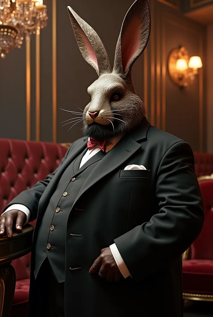 Make me an art toy image of a fat, bearded gigolo wearing an elegantly dressed rabbit mask and the atmosphere is a nightclub
