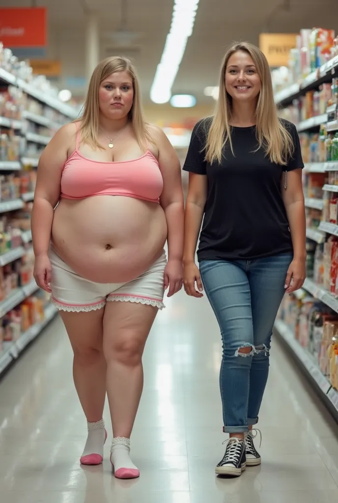 Candid photo of a very slim tall blonde pale white woman age 40 walking next to her extremely lazy slovenly sloppy unwashed disgusting sweaty greedy demanding lazy overweight four-feet-tall puberty daughter aged 12 in a supermarket aisle. The fat girl has ...