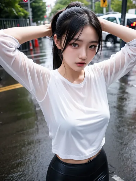 half body portrait of a 20 year old thick Japanese model, hands above head, wet in the street, wet white blouse, wet black leggings, wet skin, wet hair, crying, eye shadow, ponytail, wetshirt