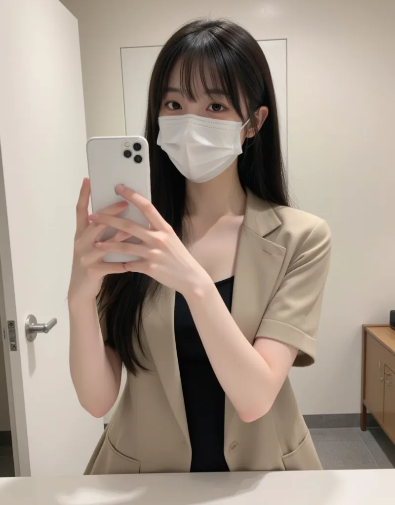 Japanese influencer girls、 charming、best visual、fresh, milky white skin、Long black hair with bangs、pins and straight hair、big eyes、Kaname makeup、 slim figure、are known as the hottest influencers right now、 real 、20 years old、Everyday selfies to post on SNS...