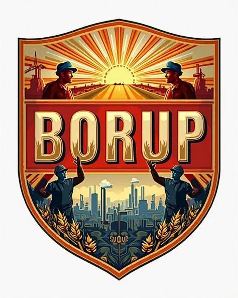 "Create a coat of arms in the style of classical Soviet social realism in the form of a heraldic shield. Use three basic colors:  rich , bright on a white background. The central inscription 'BORUP' should be in a monumental font in the style of Soviet slo...