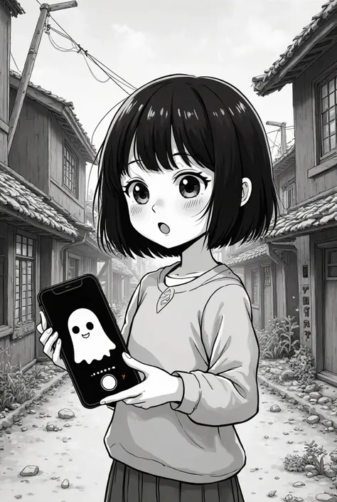 Cartoon manga iPhone 8 in a hand of a young girl in an abandoned village with screen filled with a live TikTok with screen filled with a smiling ghost figure in cartoon manga black and white filter
